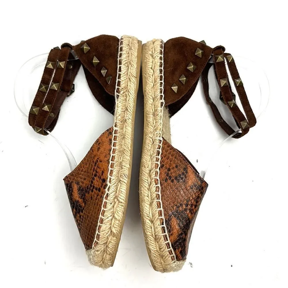 ASH Spain Rockstud Leather Suede Flat Espadrilles Brown Piton Print 37 US 6,5
